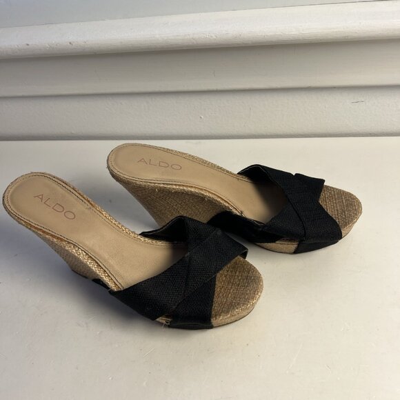 Aldo Women's Brown Wedge Heels Black Fabric Sandals Cross Strap Size 8 - Picture 7 of 8